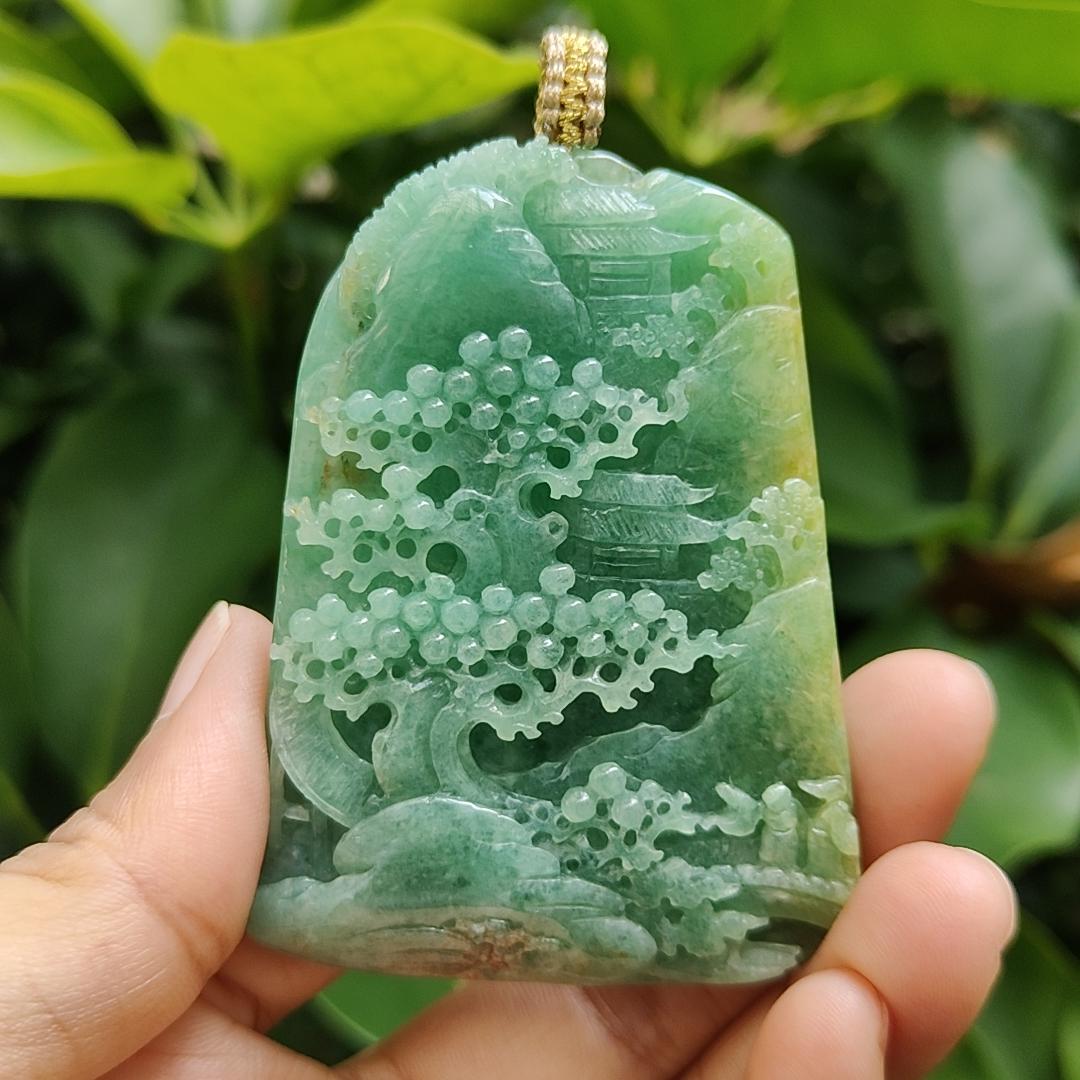 Big Jadeite-Jade, Green with Brown Natural Type A crafted with Sceneries as Pendant, Good for Fengshui, certificate weighs 76.47 grams, measurement 67.6 * 50 * 10.8 mm (pendant305) Yi Pin Qian Jadeites Jade Jewelry ~Your Precious Quintessential ~ Singapore