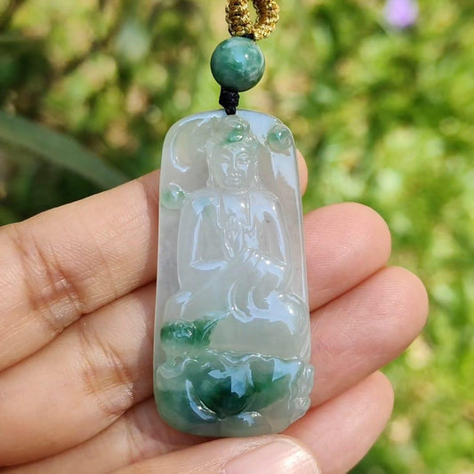 Icy Good Translucency with Green Natural Type A Jadeite Pendant Necklace crafted with Buddha and Lotus, certificate included weigh 13.2 grams, 46.2 * 22.5 * 6.3 mm Yi Pin Qian