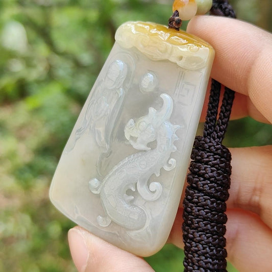 Rare Yellow and white Glutinous Natural Type A Jadeite Pendant Necklace crafted with faceless buddha and dragon olc school style with certificate weigh 37.61 grams, 51 * 33.2 * 10 mm (pendant101) Yi Pin Qian