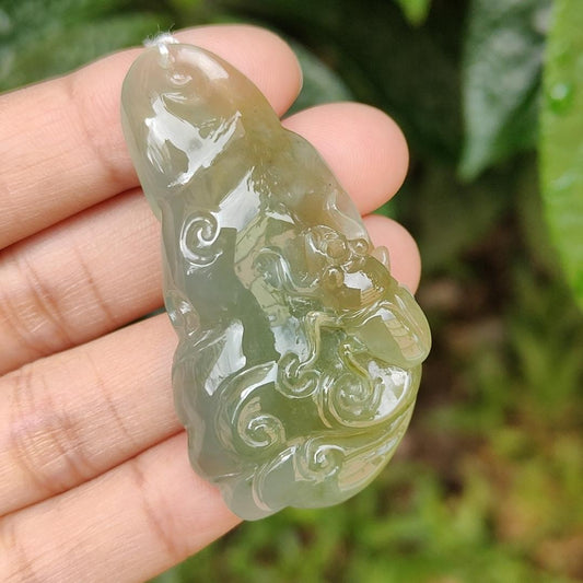 Green and Yellow Natural Type A Jadeite Pendant Necklace Crafted with Ruyi and Beetle, certificate included weigh 23.25 grams, 52.3 * 29 * 9.9 mm, symbols of A steady flow of wealth, protection from danger, safety and health (pendant163) Yi Pin Qian