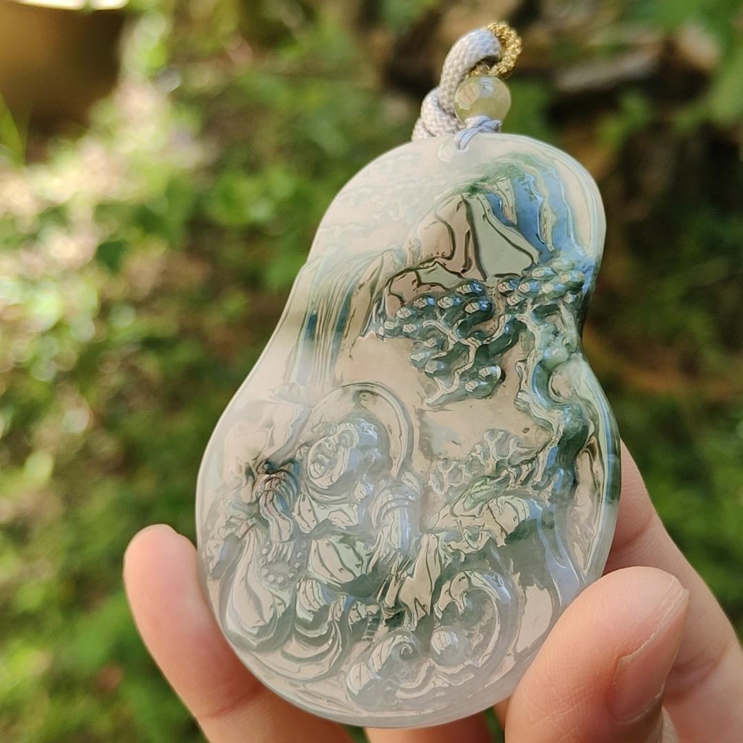 Premium Rare Semi Icy Natural Type A Jadeite crafted with Scenery and Laughing Buddha, certificate included weigh 51.59 grams, 71.8 * 53.1 * 7.5 mm, collector item, (pendant51), Yi Pin Qian