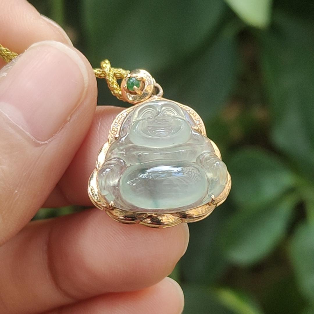 High Translucent Quality Natural Type A Jadeite Jade crafted as Milo Buddha set with 18k gold as Pendant - Latest Arrival in Sg - certificate weighs 2.77 grams, measurement 23 * 19.2 * 8.5 mm (18kp76) Yi Pin Qian Jadeites Jade Jewelry ~Your Precious Quintessential ~ Singapore