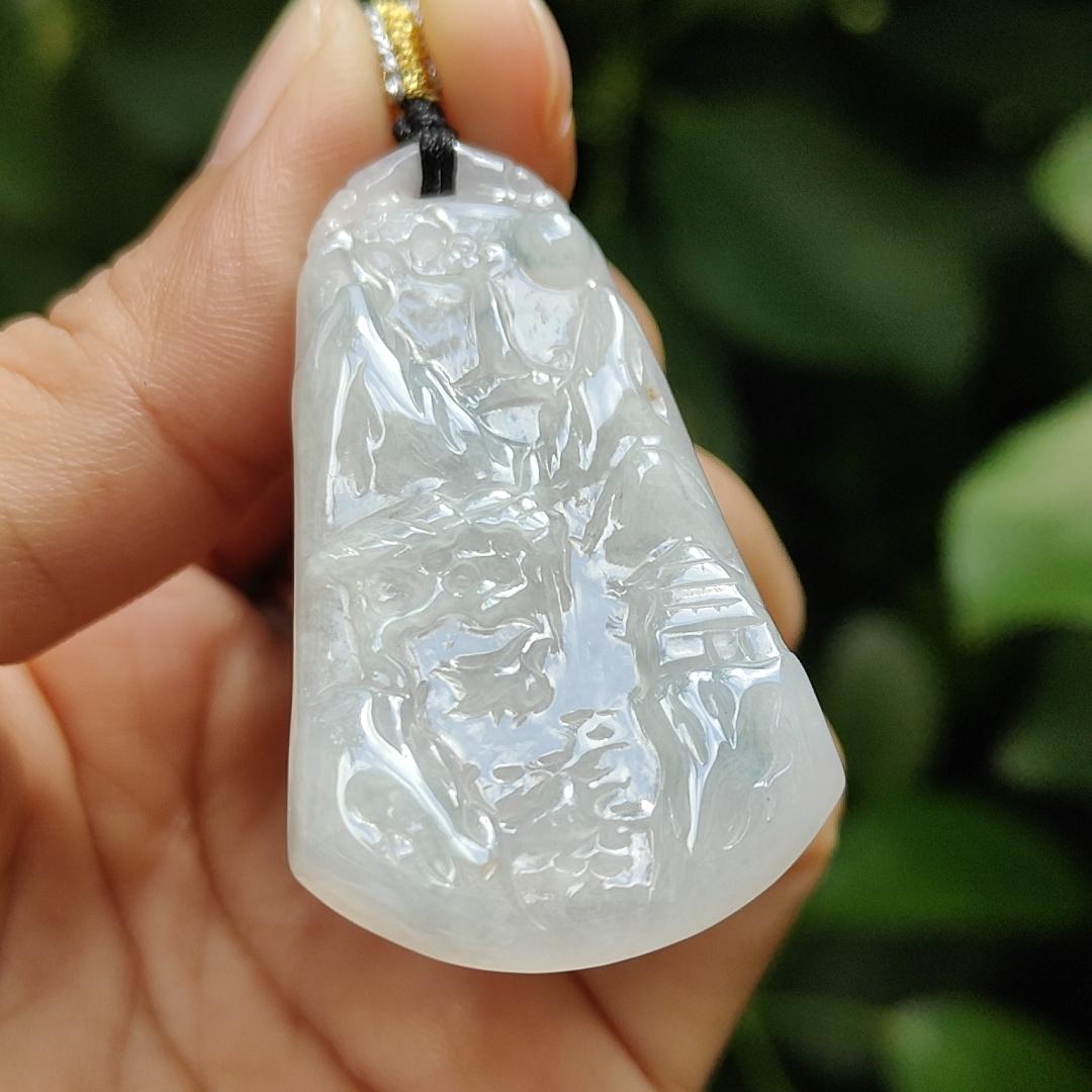 Latest Added SG Seller - Crafted as Scenery on Natural Type A Jadeite Jade, White with Light Green Hue as Pendant, certificate weighs 11.07 grams, measurement 48.3 * 27.9 * 4.8 mm (pendant331) Yi Pin Qian Jadeites Jade Jewelry ~Your Precious Quintessential ~ Singapore