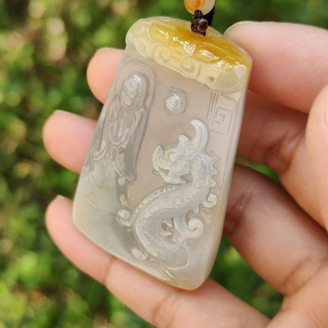 Rare Yellow and white Glutinous Natural Type A Jadeite Pendant Necklace crafted with faceless buddha and dragon olc school style with certificate weigh 37.61 grams, 51 * 33.2 * 10 mm (pendant101) Yi Pin Qian