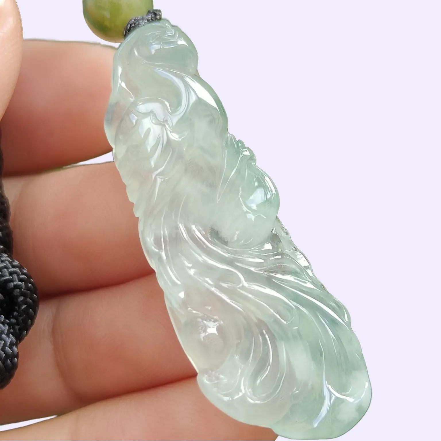 Icy Phoenix & Ruyi Jadeite Pendant – Five Elements Harmony, Certified Type A Jade, Heirloom-Quality (Sku: pendant402) Yi Pin Qian Jadeites Jade Jewelry ~Your Precious Quintessential ~ Singapore