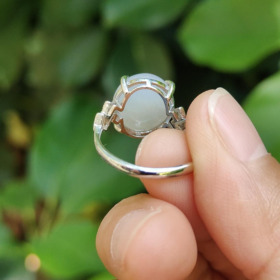High Quality Semi Icy Cabochon with good Translucency Natural Type A Jadeite Jade set with S925 as adjustable Ring, certificate weighs 2.75 grams, measurement 12.9 * 11 * 4.8 (s925ring15) Yi Pin Qian Jadeites Jade Jewelry ~Your Precious Quintessential ~ Singapore