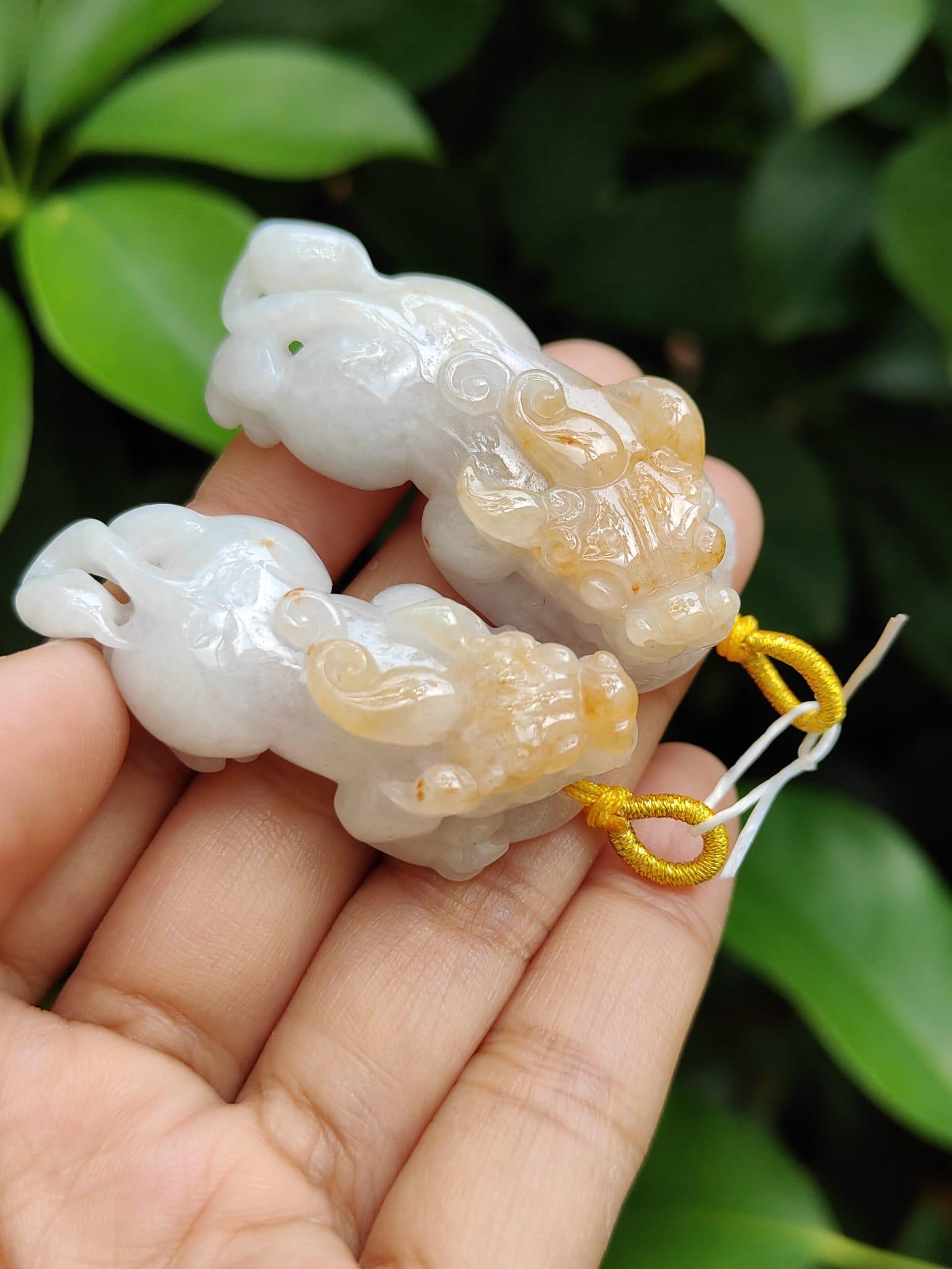 Sales - High Quality Pair of White, Yellow Natural Type A Jadeite Jade crafted as Pixiu for Pendant, certificate weighs 24.25 / 19.87 grams, measurements 50 * 21.3 * 14.1 / 47 * 20.6 * 13.6 mm (pendant292) Yi Pin Qian