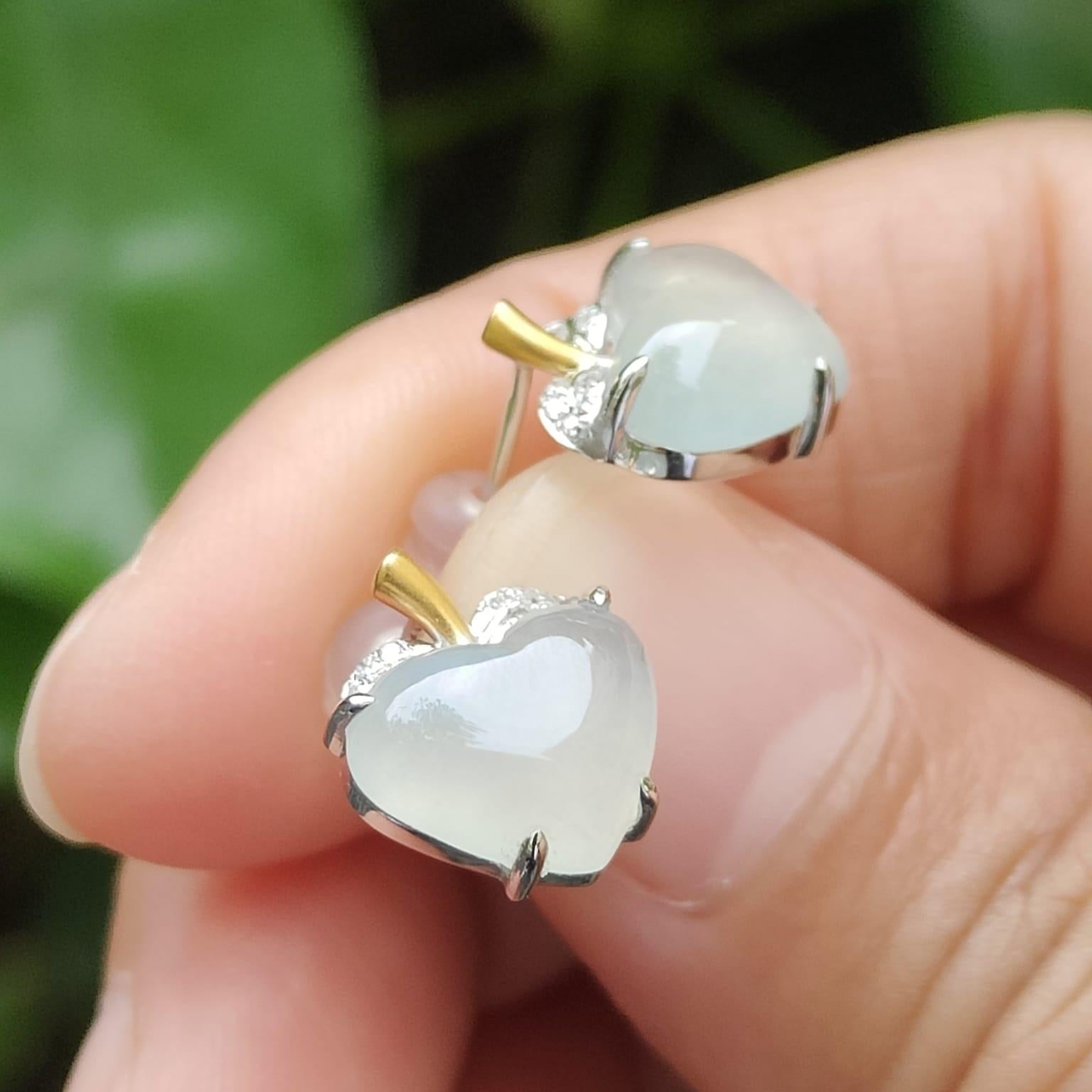 Heart Shape Icy Translucent Natural Type A Jadeite Jade Cabochons design as Apple shape with 18k stud earrings, certificate weighs 2.65 grams (18k06) Yi Pin Qian Jadeites Jade Jewelry ~Your Precious Quintessential ~ Singapore