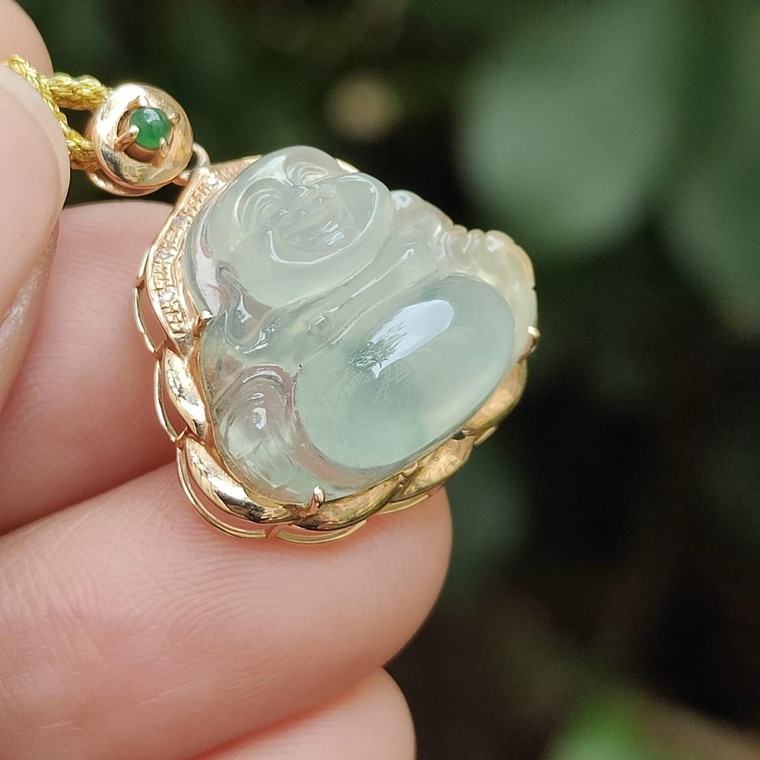 High Translucent Quality Natural Type A Jadeite Jade crafted as Milo Buddha set with 18k gold as Pendant - Latest Arrival in Sg - certificate weighs 2.77 grams, measurement 23 * 19.2 * 8.5 mm (18kp76) Yi Pin Qian Jadeites Jade Jewelry ~Your Precious Quintessential ~ Singapore