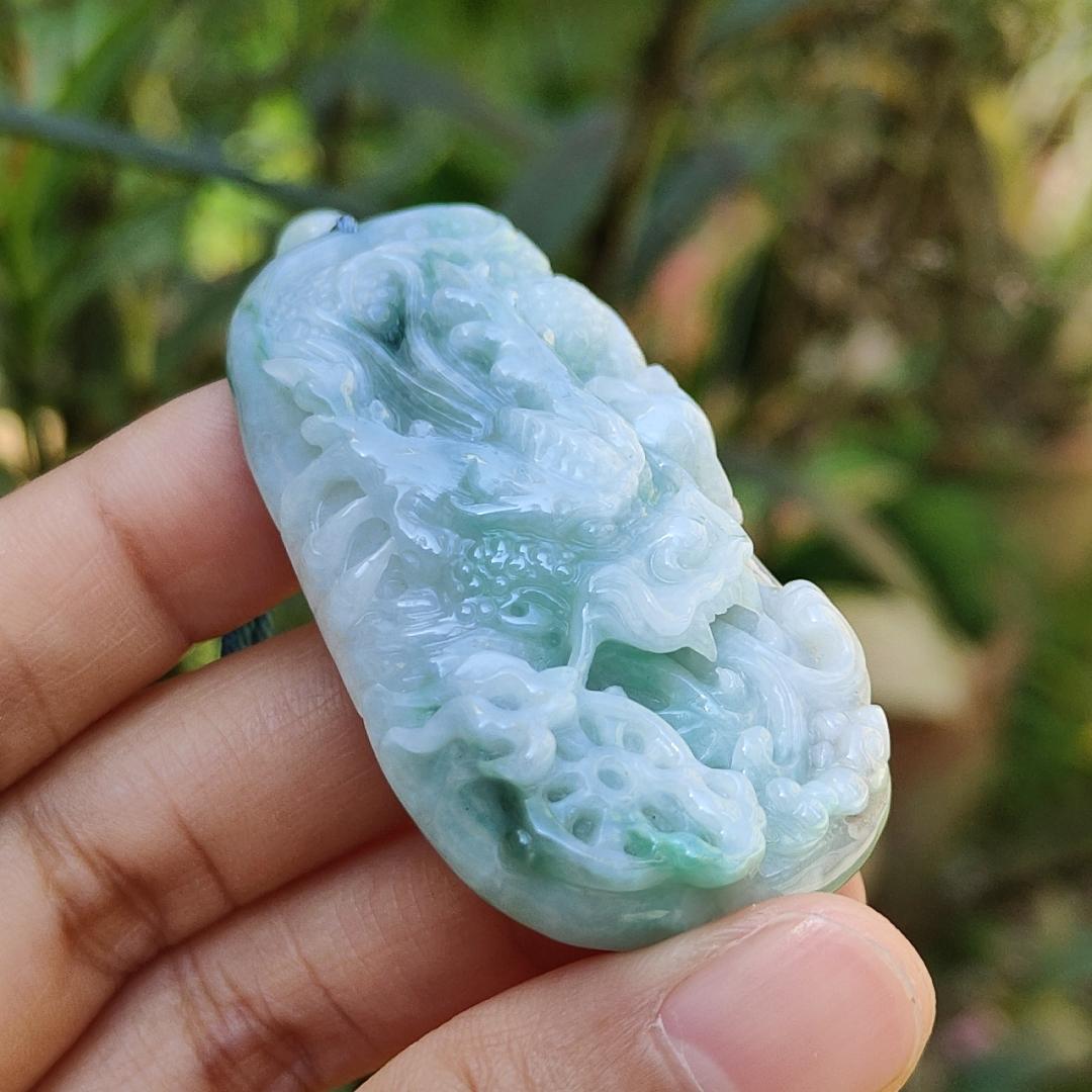 Blueish Green Natural Type A Jadeite Pendant Necklace crafted with Dragon and Fengshui Wheel, with QIC approved certificate weigh 39.57 grams, 58 * 29.8 * 12.6 mm, suitable for daily wear (pendant61) Yi Pin Qian