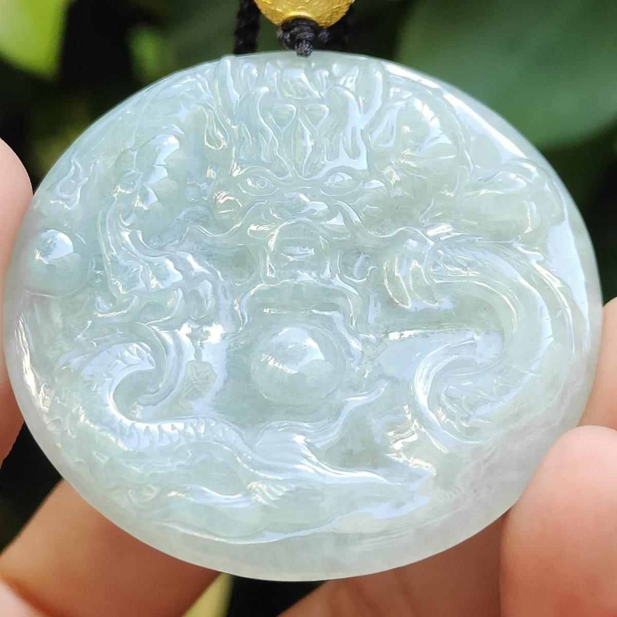 Round Shape Dragon Pendant Natural Type A Jadeite Jade added with one 18k Bead, certificate weighs 27.7 grams, measurement 50 * 50 * 6.1 mm (18kp90) Yi Pin Qian Jadeites Jade Jewelry ~Your Precious Quintessential ~ Singapore