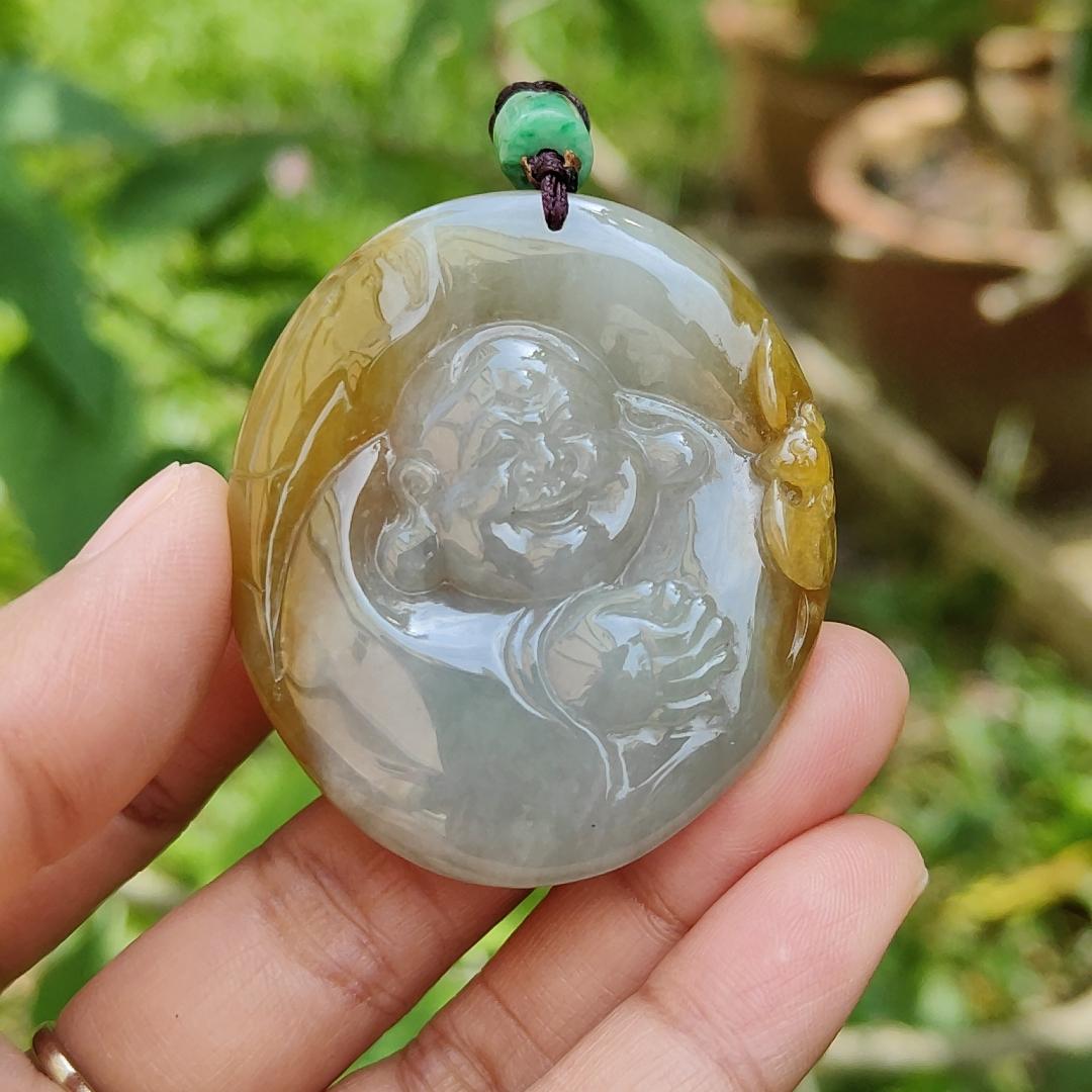 Collectible Yellow with light green Natural Type A Jadeite Jade Pendant Necklace crafted as Milo Buddha, certificate included weigh 38.28 grams, measurement 48.7 * 42.8 * 11 mm (pendant184) Yi Pin Qian
