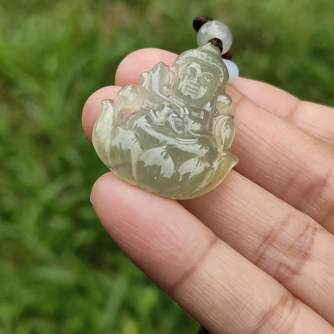 Icy Yellow Natural Type A Jadeite Pendant Necklace crafted as Baby Guanyin seating on Lotus, with certificate weigh 4.78 grams, measurement 31.5 * 26 * 4.3 mm (pendant40) Yi Pin Qian