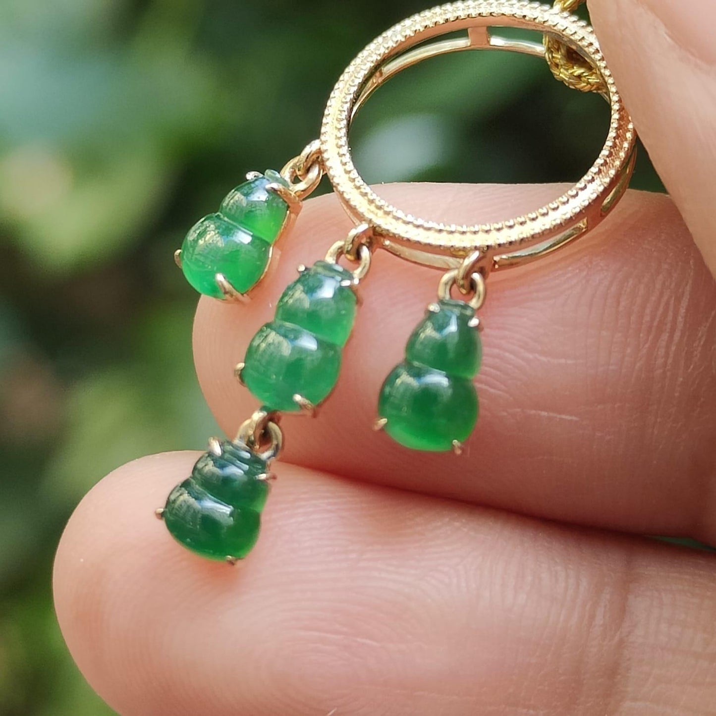 Four Green Gourd Shape Natural Type A Jadeite Jade set with 18k as Pendant, certificate weighs 1.66 grams (18kp93) Yi Pin Qian Jadeites Jade Jewelry ~Your Precious Quintessential ~ Singapore