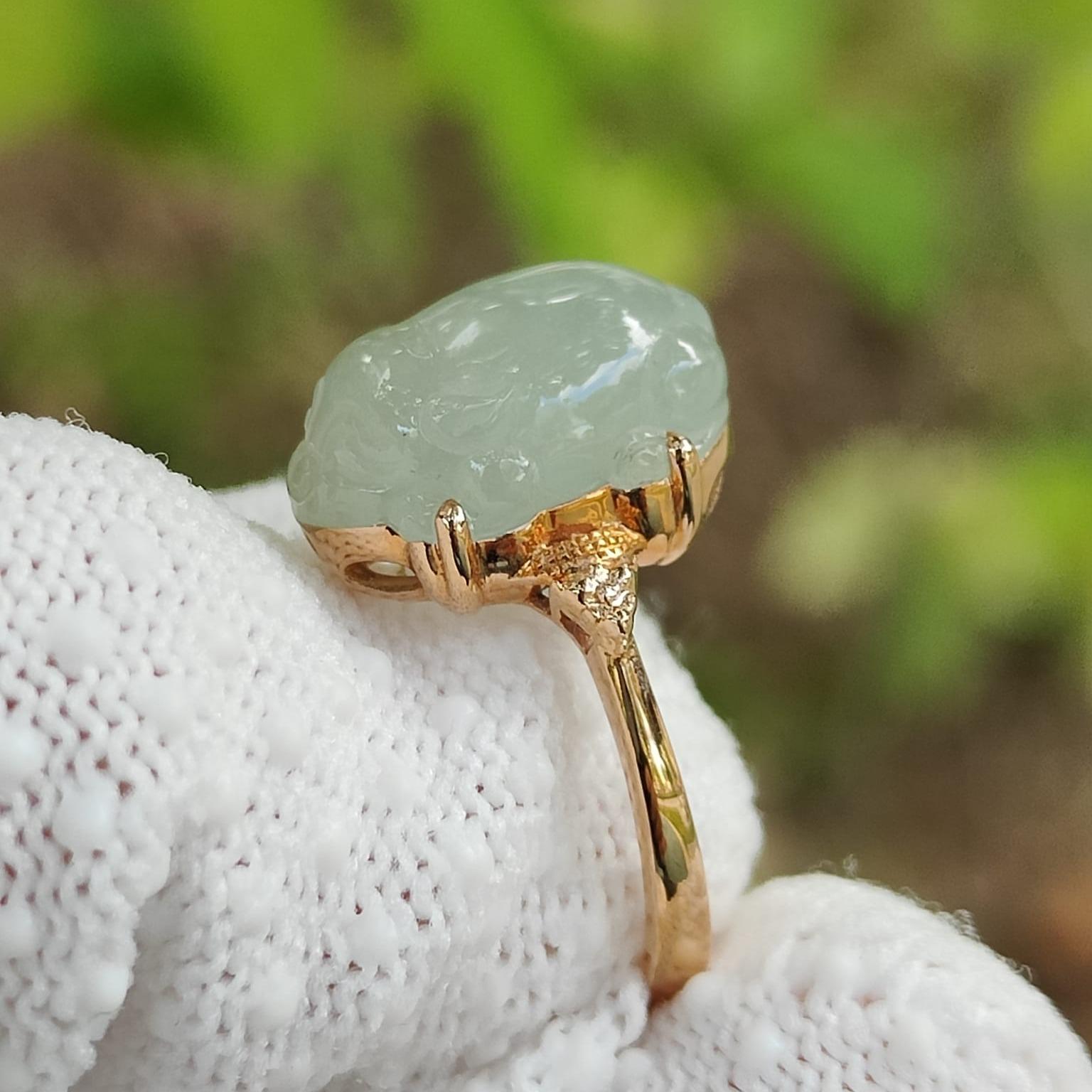 Ring size 15.5 mm - SG Seller - Crafted as Pixiu Cabochon on Natural Type A Jadeite Jade set with 18k gold, certificate weighs 3.65 grams, measurement 14.3 * 11 * 5.9 mm (18kring37) Yi Pin Qian Jadeites Jade Jewelry ~Your Precious Quintessential ~ Singapore