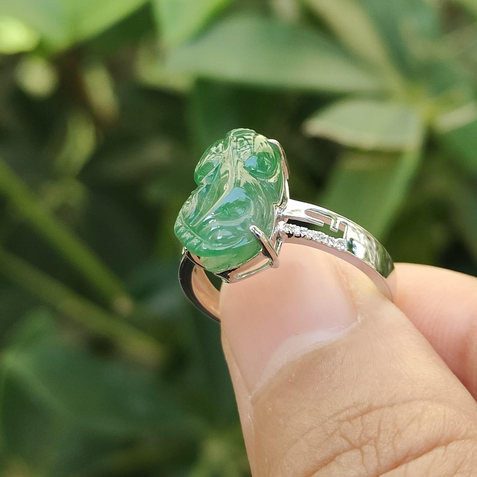 Green Pixiu measurement 13.2 * 7.9 * 4.5 mm Natural Type A Jadeite Jade set with 18k as Ring - Finger Size with diameter = 16.2mm (18kring42) Yi Pin Qian Jadeites Jade Jewelry ~Your Precious Quintessential ~ Singapore