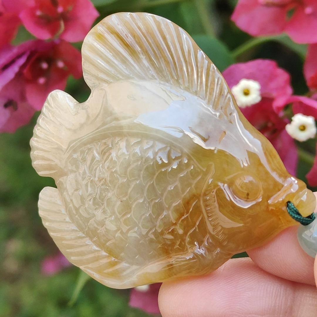 Yellow Natural Type A Jadeite Pendant carved as Fish with certificate weigh 28.33 grams, 55 * 50.2 * 7 mm, meaning Many sons and many blessings, full of children and grandchildren and Life is harmonious and smooth,free from worries and sorrows (pendant77) Yi Pin Qian