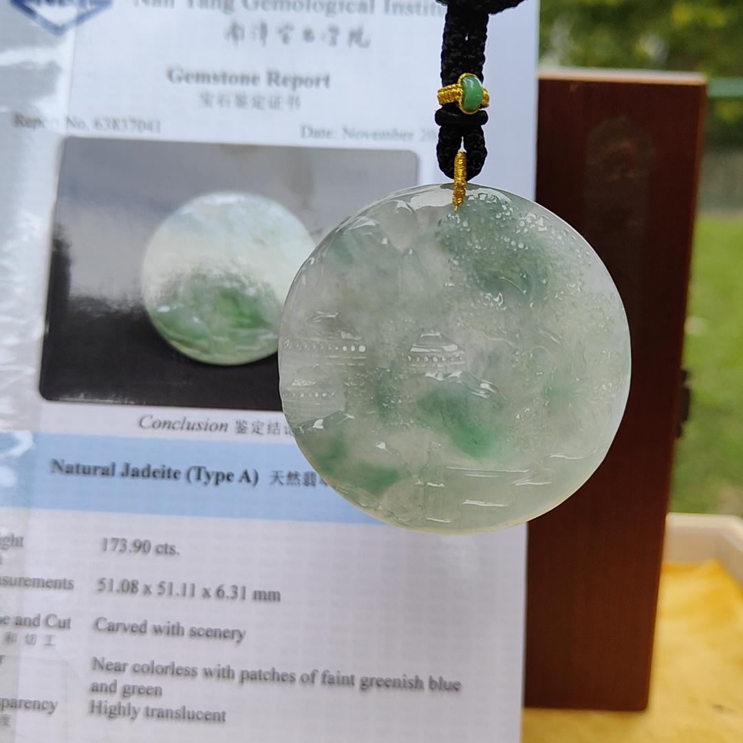 Natural Type A Jadeite carved with beautiful scenery - [51.08 * 51.11 * 6.31 mm] - Weight = 173.9 grams , premium pendant - Highly Translucent , faint greenish blue and green , NGI Certification (pendant155) Yi Pin Qian