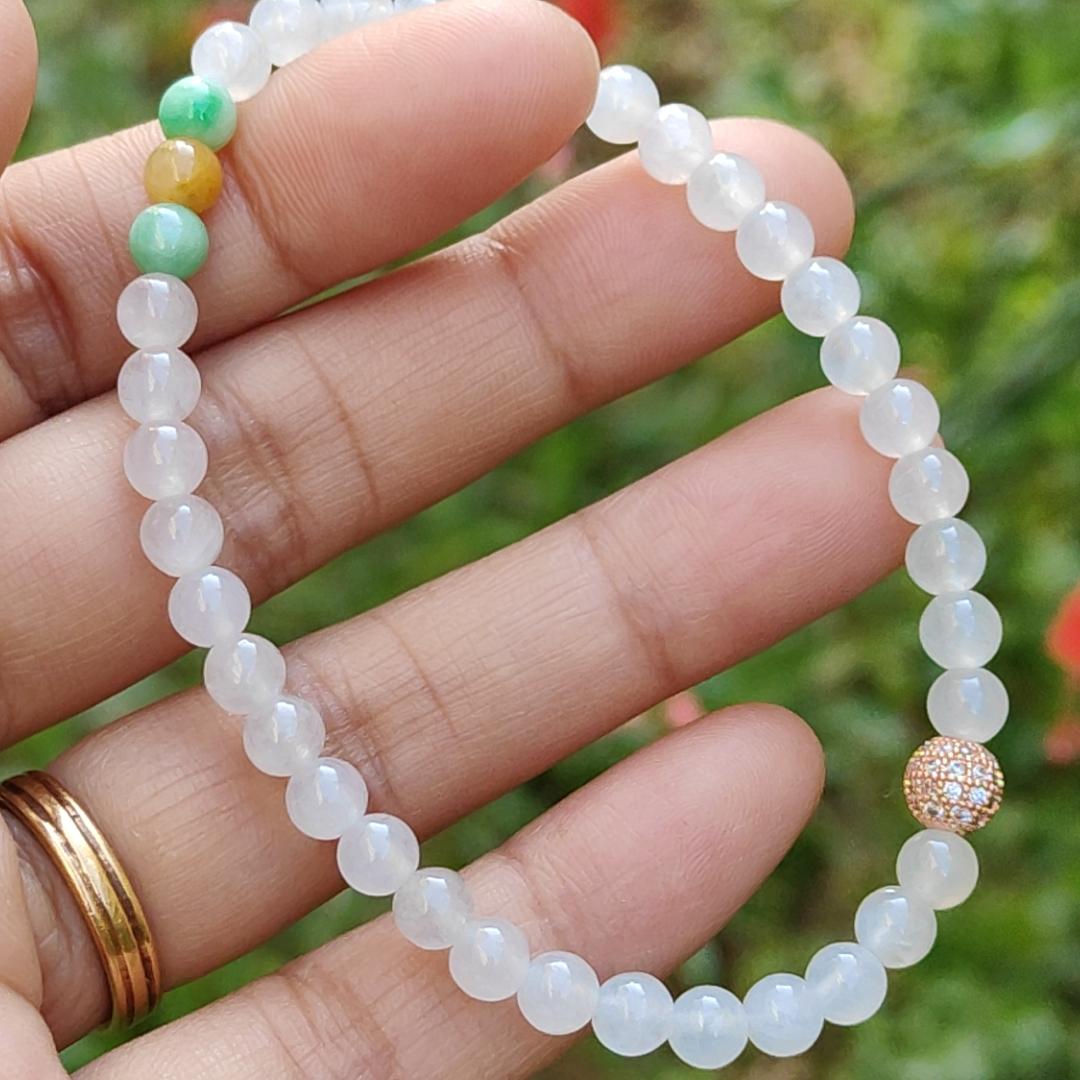 Icy Translucent beads, mix with 2 green 1 yellow Natural Type A Jadeite Bracelet, total of 38 beads with QIC labs approved certificate weigh 8.43 grams, measurement 4.8 mm, a stunning collection for your daily wear (bracelet3) Yi Pin Qian