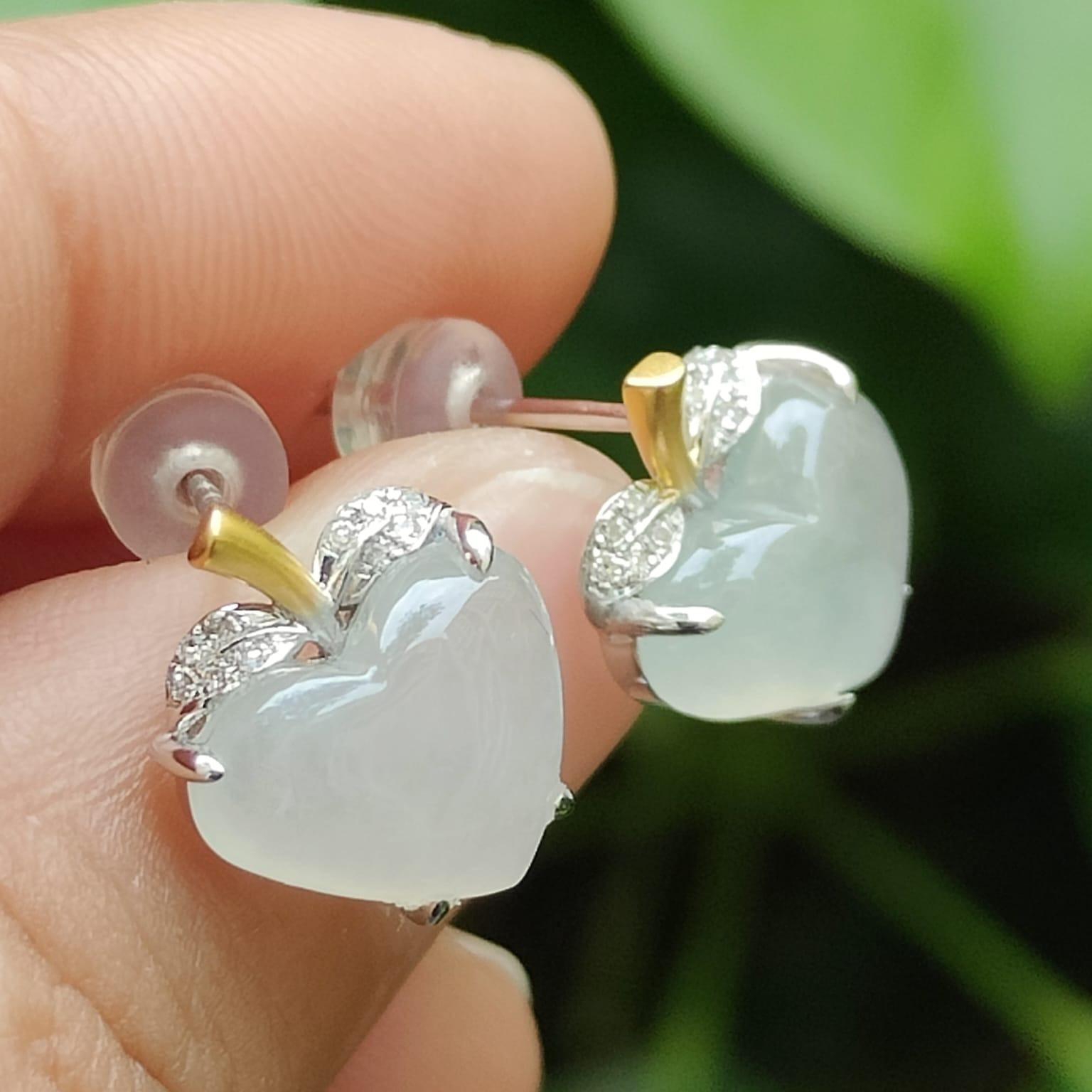 Heart Shape Icy Translucent Natural Type A Jadeite Jade Cabochons design as Apple shape with 18k stud earrings, certificate weighs 2.65 grams (18k06) Yi Pin Qian Jadeites Jade Jewelry ~Your Precious Quintessential ~ Singapore