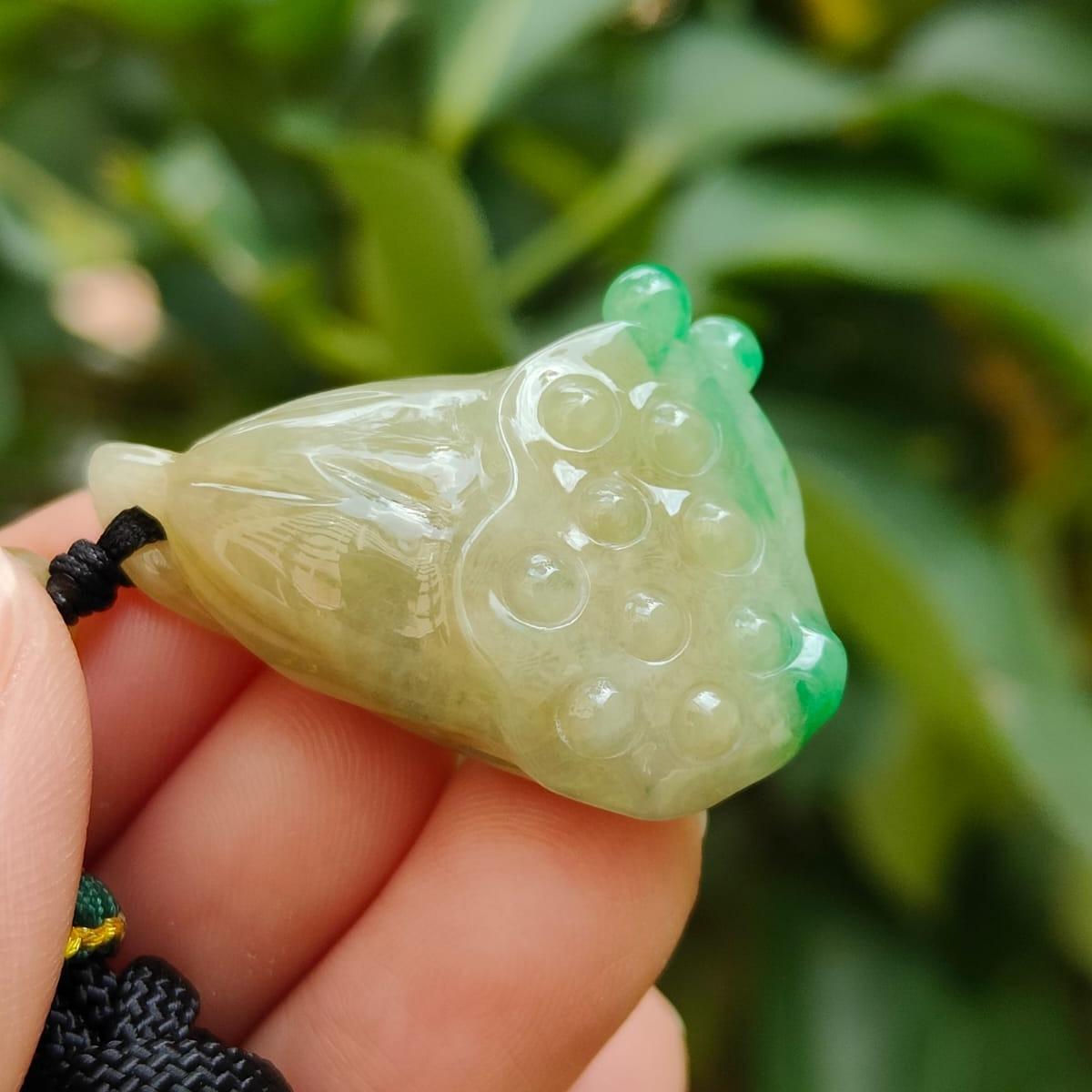 Latest Arrival SG Seller - Yellow and Green Natural Type A Jadeite Jade crafted as lotus seedpod pendant, QIC approved certificate weighs 14.61 grams, measurement 31.3 * 24.2 * 14.1 mm (pendant345) Yi Pin Qian Jadeites Jade Jewelry ~Your Precious Quintessential ~ Singapore