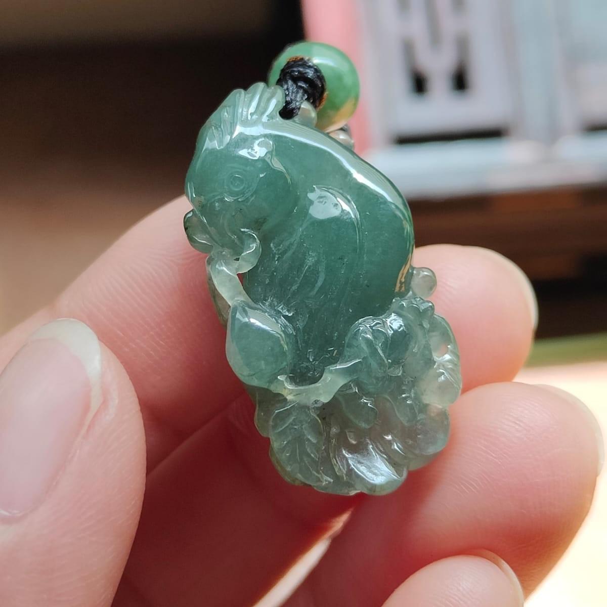#Sold - Semi Icy Crafted as Parrot on Oil Green Natural Type A Jadeite Jade certificate weighs 6.19 grams, measurement 29.8 * 16.2 * 8 mm (pendant377)