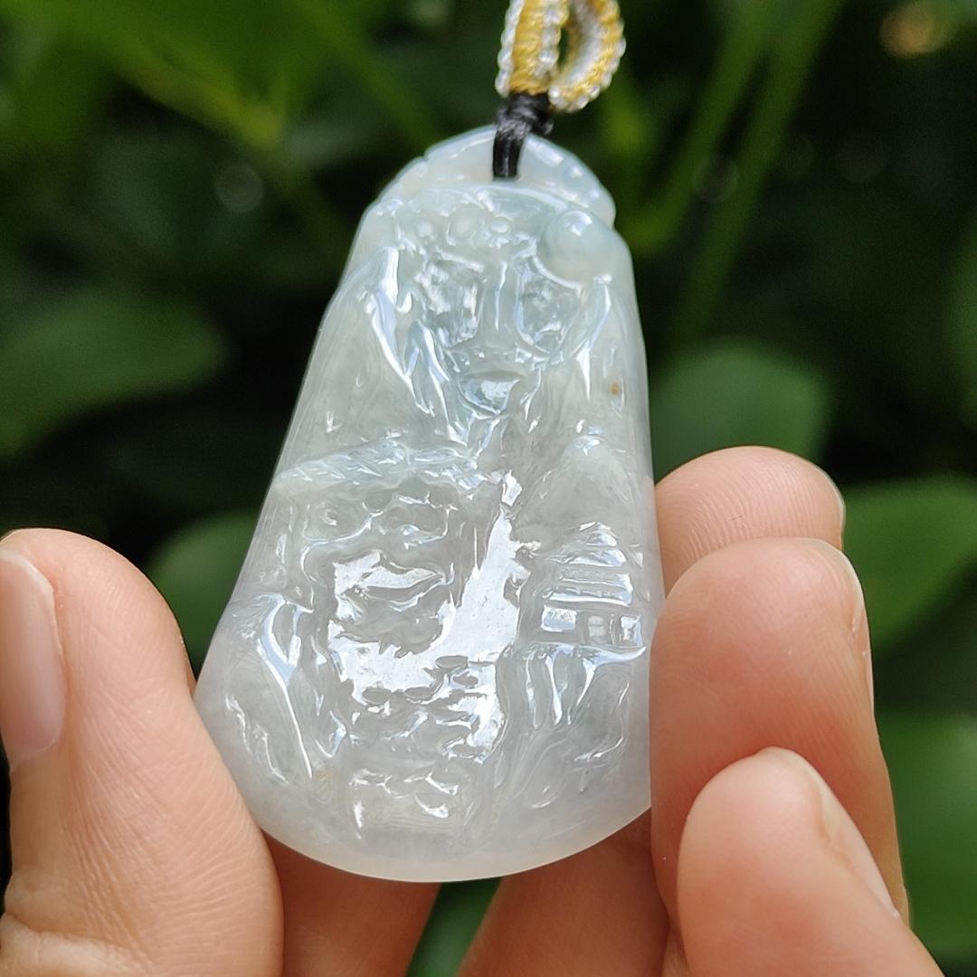 Latest Added SG Seller - Crafted as Scenery on Natural Type A Jadeite Jade, White with Light Green Hue as Pendant, certificate weighs 11.07 grams, measurement 48.3 * 27.9 * 4.8 mm (pendant331) Yi Pin Qian Jadeites Jade Jewelry ~Your Precious Quintessential ~ Singapore