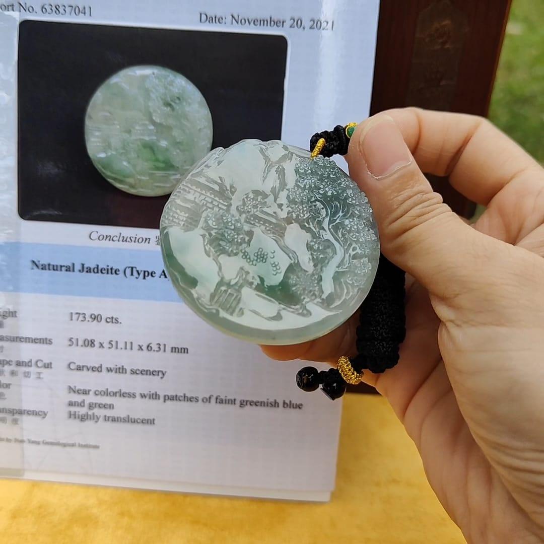 Natural Type A Jadeite carved with beautiful scenery - [51.08 * 51.11 * 6.31 mm] - Weight = 173.9 grams , premium pendant - Highly Translucent , faint greenish blue and green , NGI Certification (pendant155) Yi Pin Qian
