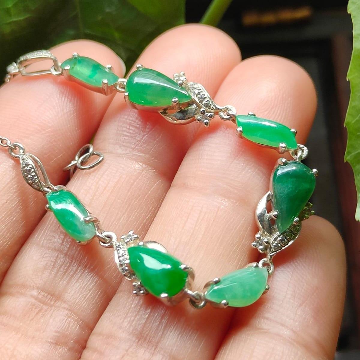 Seven Green Cabochons Natural Type A Jadeite Jade set on S925 as Bracelet (s925b5) - certificate weighs 4.08 g Yi Pin Qian Jadeites Jade Jewelry ~Your Precious Quintessential ~ Singapore