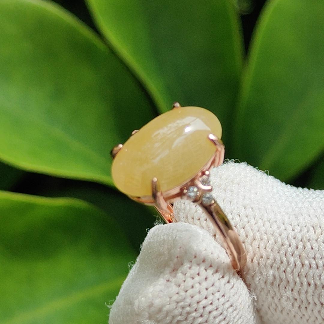 Yellow Cabochon Natural Type A Jadeite-Jade crafted as shape of oval set with size adjustable S925 Ring, certificate weighs 2.53 grams, measurement 13.3 * 9 * 3.2 mm (s925ring19) Yi Pin Qian Jadeites Jade Jewelry ~Your Precious Quintessential ~ Singapore