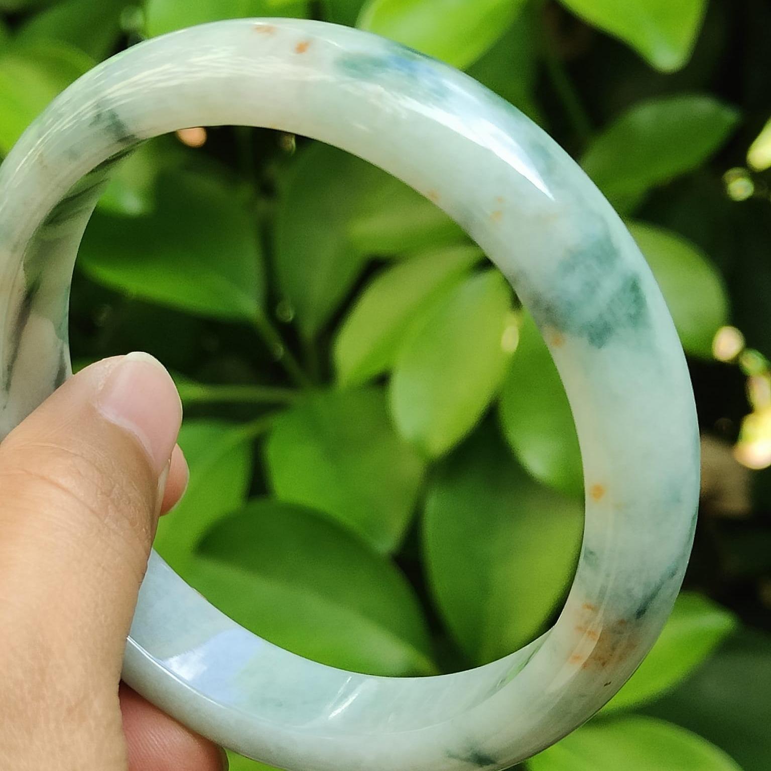 60.8 mm Light Green with Green Patches and Golden Yellow Patches Peace Bangle Natural Type A Jadeite Jade, certificate weighs 63.55 Width 13.5 Thickness 8mm (bangle29) Yi Pin Qian Jadeites Jade Jewelry ~Your Precious Quintessential ~ Singapore