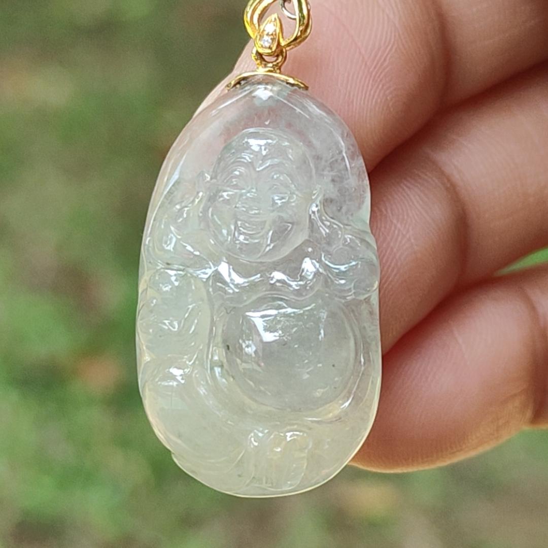 #Sold New Arrival Singapore High Quality Light Green Hue Natural Type A Jadeite Jade crafted as Milo Buddha set with 18k gold clasp as Pendant, certificate weighs 6.86 grams, measurement 30.2 * 17.5 * 6.8 mm (18kp70)