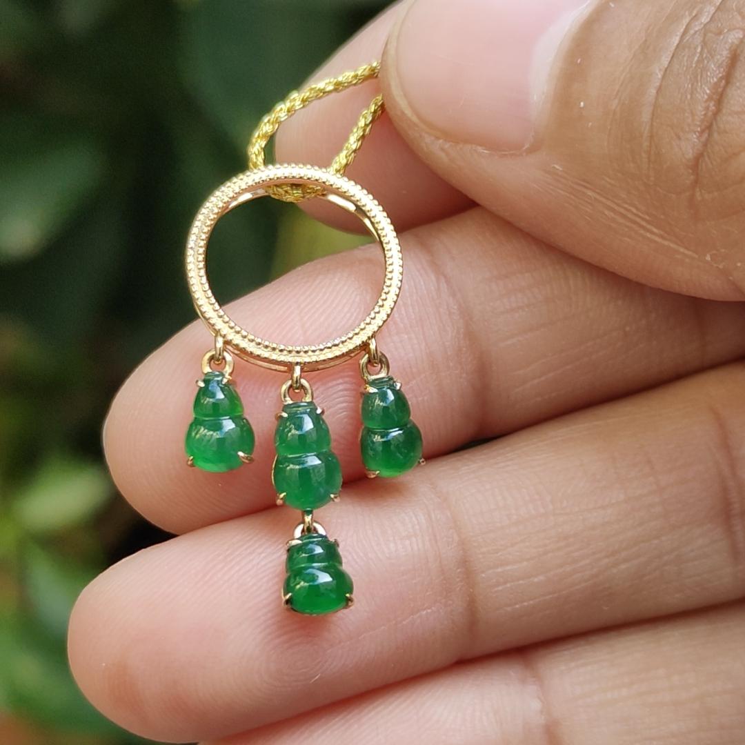 Four Green Gourd Shape Natural Type A Jadeite Jade set with 18k as Pendant, certificate weighs 1.66 grams (18kp93) Yi Pin Qian Jadeites Jade Jewelry ~Your Precious Quintessential ~ Singapore