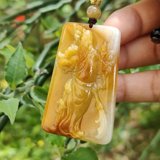 Rare Old Yellow with Red Natural Type A Jadeite Pendant Crafted with Guan Gong come with ceritificate weight 24.70 grams, 49.7 * 32 * 8 mm for Guan Gong collectors (pendant118) Yi Pin Qian