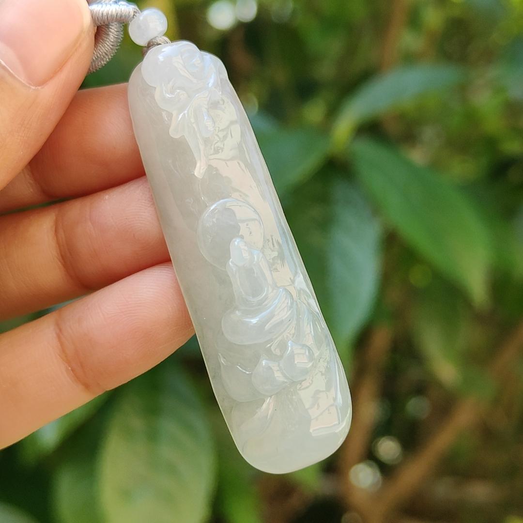 Semi Translucent Icy Natural Type A Jadeite Pendant carved with faceless buddha and lotus meaning Compassion and Wisdom , QIC labs approved certificate included weight 16.56 grams, 55.50 * 16.10 * 8.80 mm, very suitable for daily wear (pendant95) Yi Pin Qian