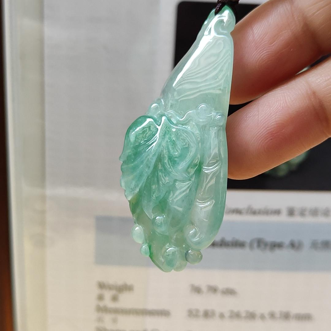 Very Beautiful Finger Citron Natural Type A Jadeite pendant jewelry with NGI Gemstone report weight 76.79 grams 52.83 * 24.26 * 9.38 mm - Highly Translucent very fine grain with patches of light green suffused to a paler ground (pendant151) Yi Pin Qian