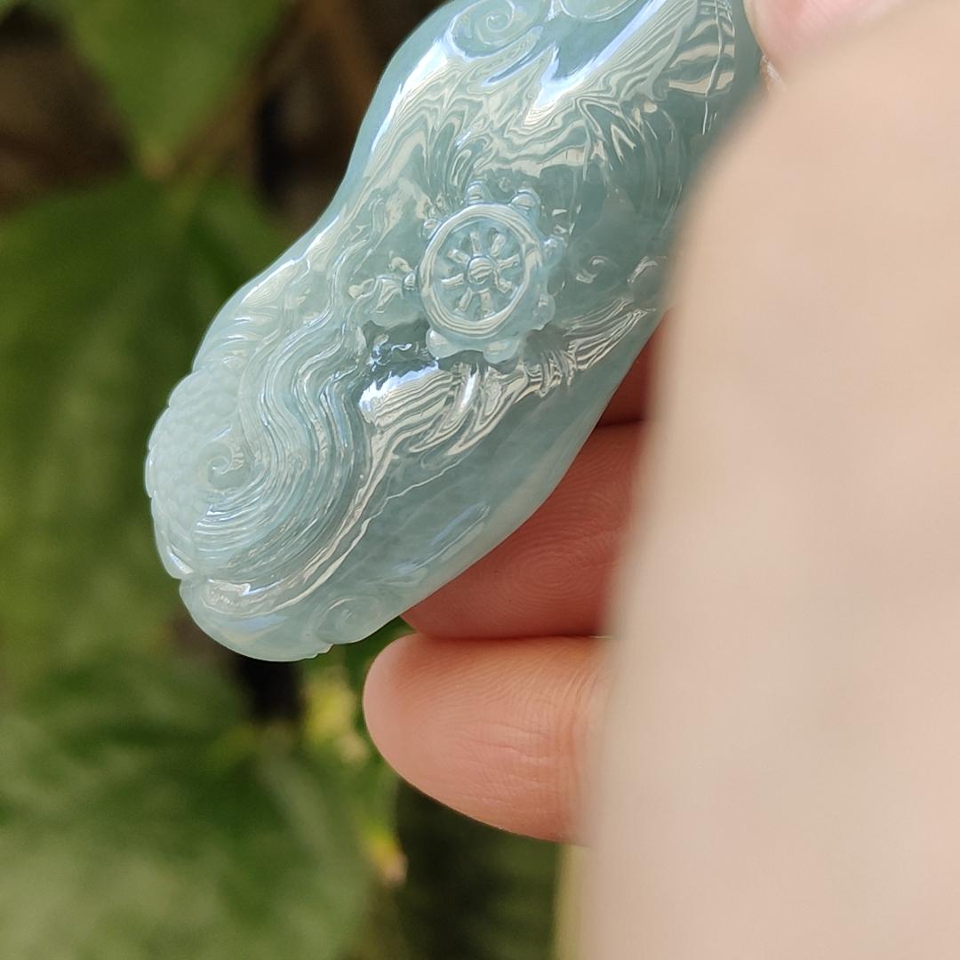 Natural Type A Jadeite Jewellery Pendant carved with dragon weighs at 30.06 grams , 50.32 * 23.30 * 12.93 mm - with Gemstone report from NGI - Very Good Translucency with faint greenish blue (pendant140) Yi Pin Qian