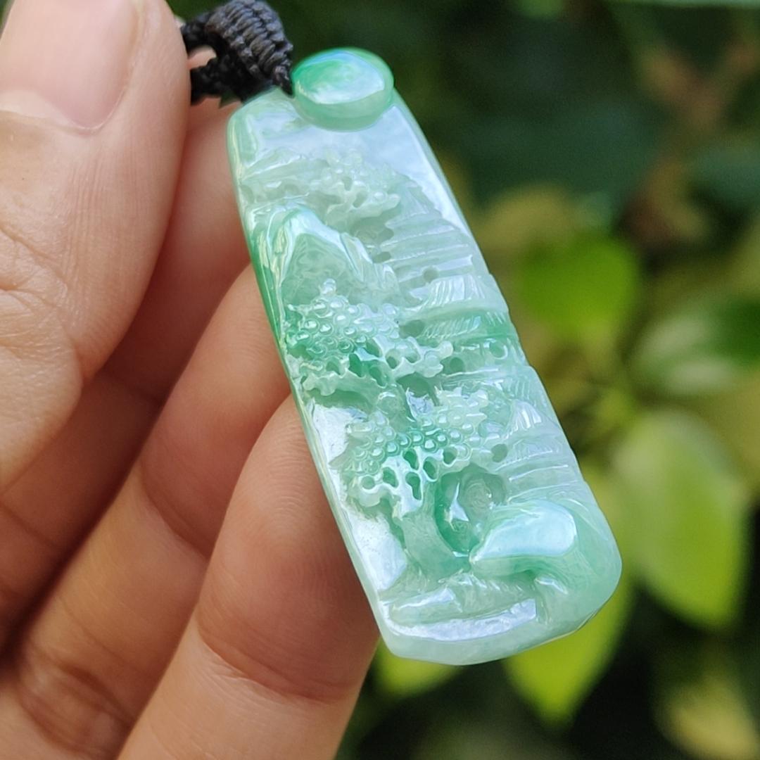 Beautiful Pendant crafted with scenery on Natural Type A Jadeite Jade certificate weigh 7.06 grams, measurement 44.2 * 16.1 * 5.3 mm (pendant383) Yi Pin Qian Jadeites Jade Jewelry ~Your Precious Quintessential ~ Singapore