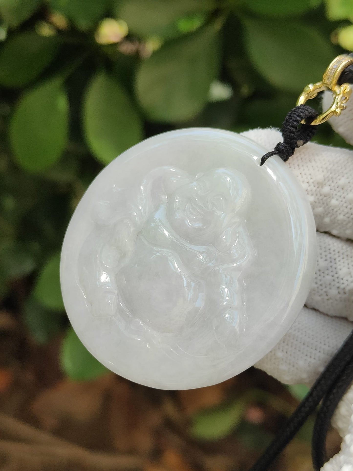 Natural Jadeite Jade Laughing Buddha Pendant with Certificate – Light Green & Lavender Hue (Sku: pendant453)