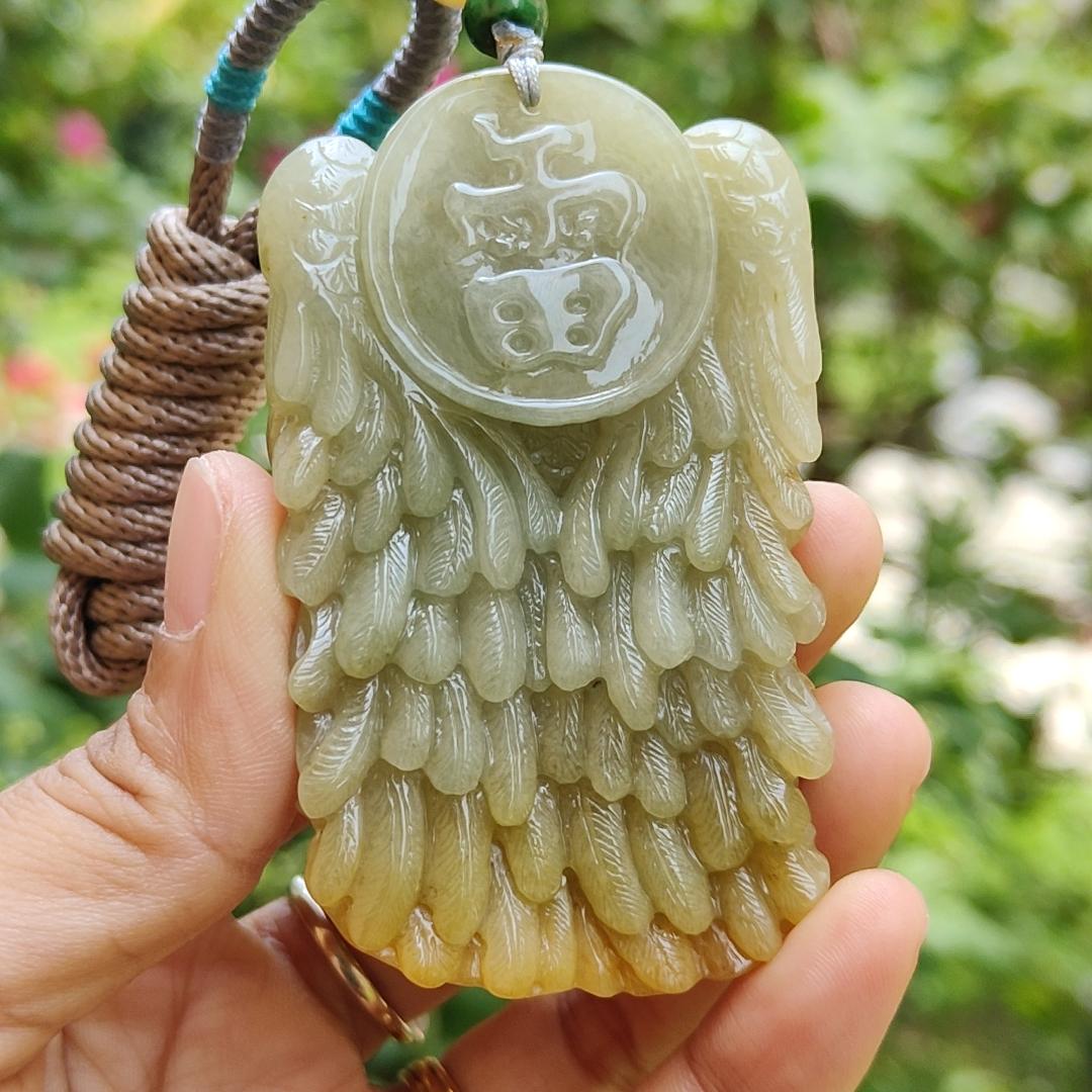 Super Rare Yellow with Light Green Hue Natural Type A Jadeite Jade crafted with shape of Lei Zhenzi as Pendant, certificate weighs 79.58 grams, measurement 69.8 * 42 * 19.5 (pendant257) Yi Pin Qian