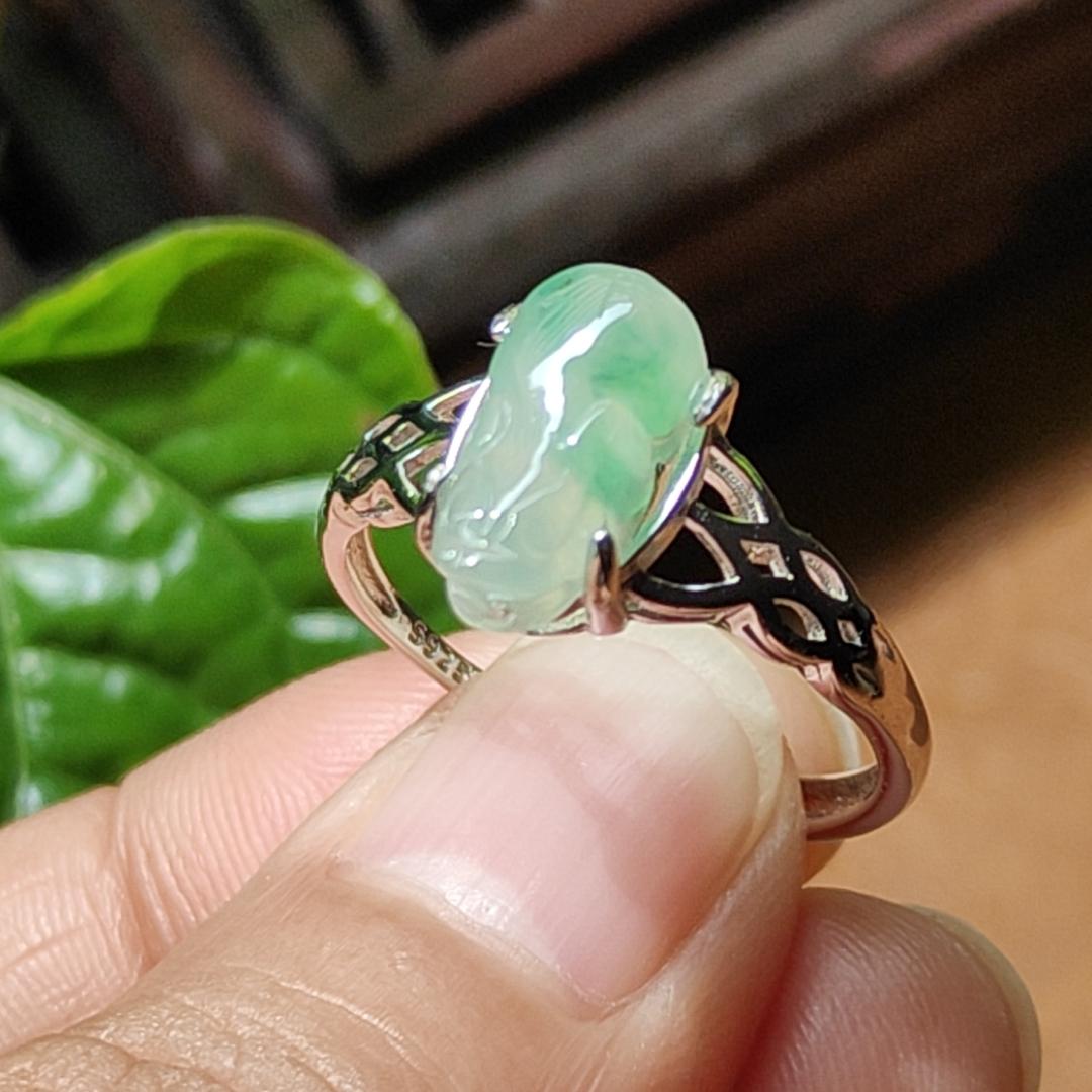 Crafted as Pixiu on Light Green Hue with Light Green Patches Natural Type A Jadeite Jade set with S925 as adjustable ring, certificate weighs 2.01 grams, measurement 11.8 * 5.5 * 3.8 mm (s925ring27) Yi Pin Qian Jadeites Jade Jewelry ~Your Precious Quintessential ~ Singapore