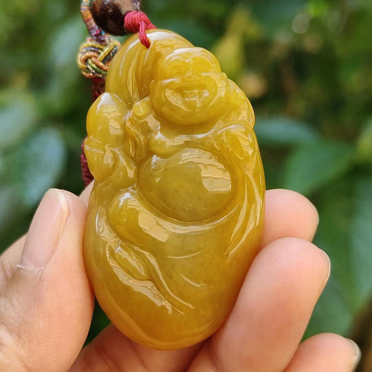 Full Yellow Old Mine Natural Type A Jadeite pendant carved with Laughing Buddha represents Tolerance and wisdom, humor, happy spirit, come with certificate weight 35.13 grams, 49.30 * 27.90 * 14.30 mm, suitable for daily wear on all occasions (pendant96) Yi Pin Qian