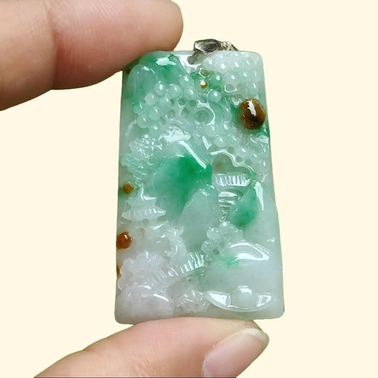 Good Quality Very Beautiful Light Green, Brown Natural Type A Jadeite Jade crafted with sceneries as Pendant, certificate weighs 9.72 grams, measurement 40 * 24.8 * 4.6 mm (pendant288) Yi Pin Qian