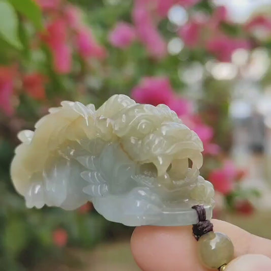 Authentic High Quality Light Green and Brown Natural Type-A Jadeite-Jade crafted as Pixiu for Pendant, certificate weighs 54.18 grams, measurement 56 * 25.2 * 26.2 mm (pendant303)