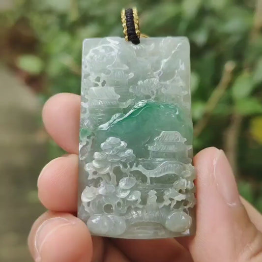 Latest arrival SG Local Seller crafted as sceneries Pendant Light green Hue, Green and white Natural Type A Jadeite Jade, certificate weighs 21.24 grams, measurement 47 * 26.9 * 7.5 mm (pendant353)