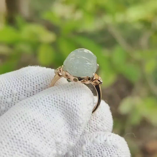 Ring size 15.5 mm - SG Seller - Crafted as Pixiu Cabochon on Natural Type A Jadeite Jade set with 18k gold, certificate weighs 3.65 grams, measurement 14.3 * 11 * 5.9 mm (18kring37)
