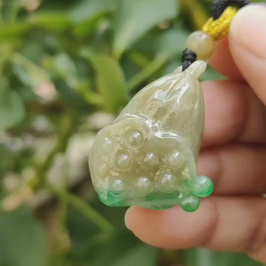 Latest Arrival SG Seller - Yellow and Green Natural Type A Jadeite Jade crafted as lotus seedpod pendant, QIC approved certificate weighs 14.61 grams, measurement 31.3 * 24.2 * 14.1 mm (pendant345)