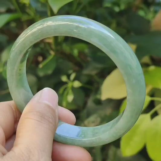Peace Bangle Bracelet Size 55.5 mm on Light Green Natural Type A Jadeite Jade, certificate weighs 49.05 grams, Width 11.8 mm Thickness: 7.7 mm (bangle28)
