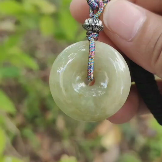 New Listing SG Local Crafted as Donut Pendant on Yellow Natural Type A Jadeite Jade certificate weighs 9.35 grams, measurement 27.7 * 6.3 mm (pendant369)