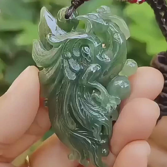 Green High Quality Natural Type A Jadeite Jade New arrival crafted as Phoenix, Pendant, certificate weighs 32.81 grams, measurement 58.6 * 34.5 * 12.3 mm (pendant326)